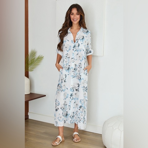 (5-42-HIBISCUS-WHT) BUTTON DOWN LONG HIBISCUS FLORAL PRINT LINEN DRESS